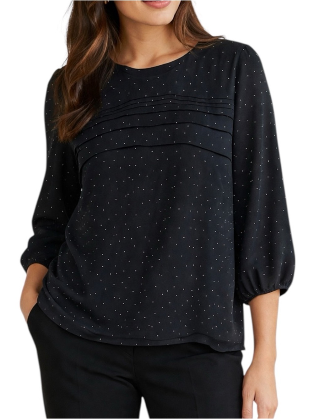 Monoprix Autre Ton Black White Polka Dot Pleated Blouse Top Size 42 Large